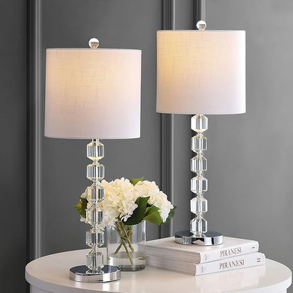 JONATHAN Y 27.5" Chrome Modern Stacked Crystal Table Lamp Set of 2 for Living Room Bedroom, Glam Bedside Nightstand Lamps, White Linen Shade, LED Bulbs Included, UL Listed JYL5053A-SET2