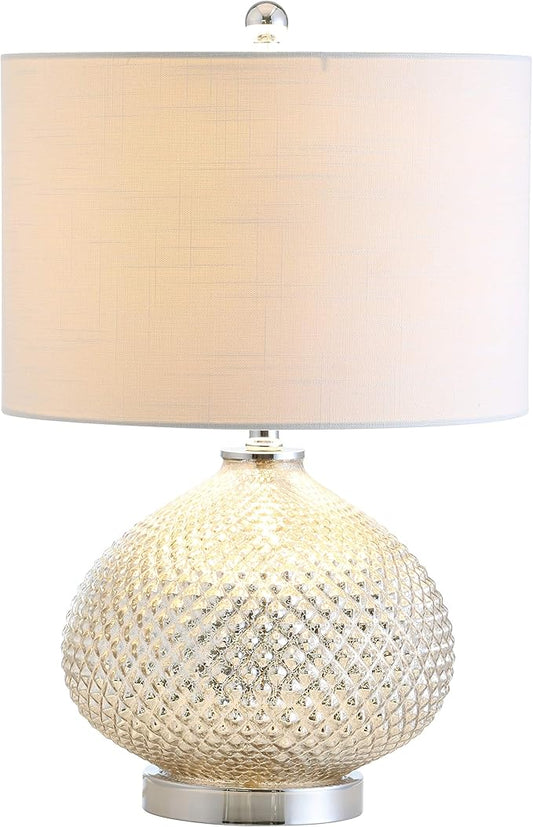 JONATHAN Y 22.5" Mercury Silver Textured Glass Table Lamp, Contemporary Nightstand Lamp for Living Room Bedroom, White Linen Drum Shade, LED Bulb Included JYL1082A