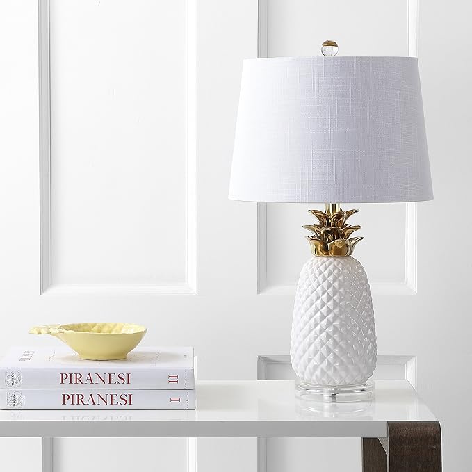 JONATHAN Y 23" White/Gold Pineapple Ceramic Table Lamp for Bedroom Decor, Modern Whimsical Bedside Nightstand Lamp with White Linen Drum Shade and LED Bulb (JYL4019C)