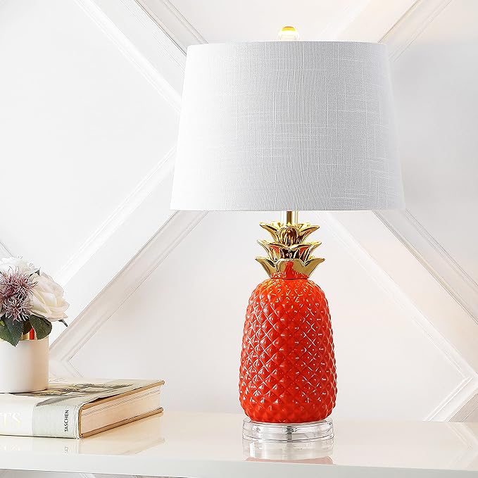 JONATHAN Y 23" Orange/Gold Pineapple Ceramic Table Lamp for Bedroom Decor, Modern Whimsical Bedside Nightstand Lamp with White Linen Drum Shade and LED Bulb (JYL4019E)