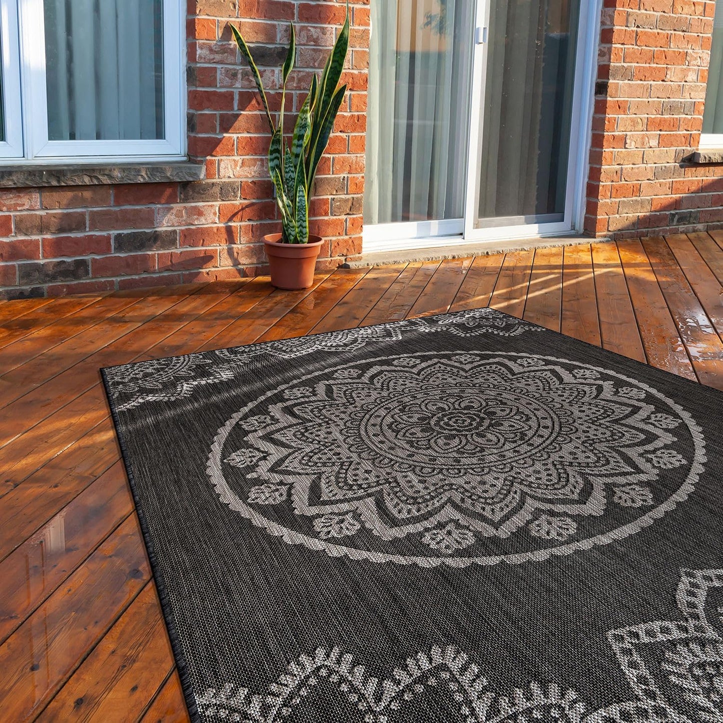 CAMILSON Outdoor Rug 6x9 Modern Area Rugs for Indoor and Outdoor Patios and Porches - Waterproof Washable Non-Shedding Easy-to-Clean Outside Carpet (6 x 9, Medallion - Dark Grey/Light Grey)