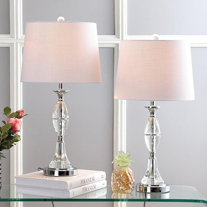 JONATHAN Y 25.5" Clear/Chrome Crystal Table Lamp Set of 2 for Bedroom, Traditional French Country Lamps for Living Room, White Linen Drum Shade, LED Bulbs Included JYL2041A-SET2