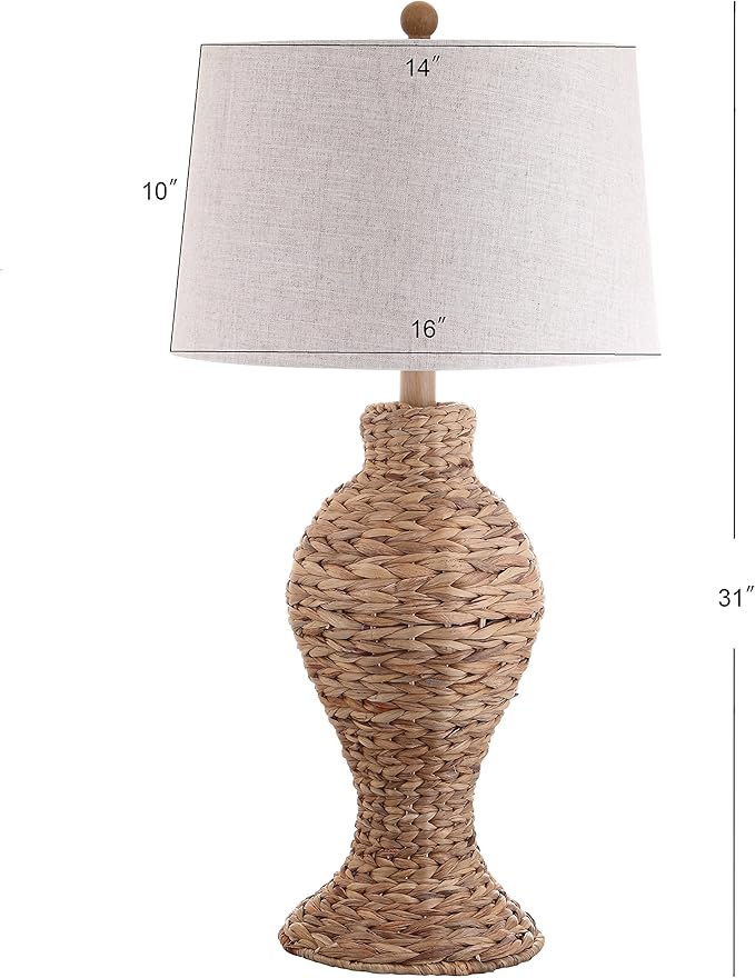 JONATHAN Y 31" Natural Woven Water Hyacinth Table Lamp for Living Room, Coastal Farmhouse Urn Bedside Lamp with Gray Linen Drum Shade, LED Bulb Included JYL1015A