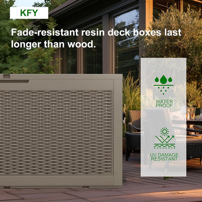 100 Gallon Resin Deck Box, Lockable Patio Outdoor Storage Box for Furniture, Garden Tools and Tools Storage, Waterproof Outside Storage Box - Grey