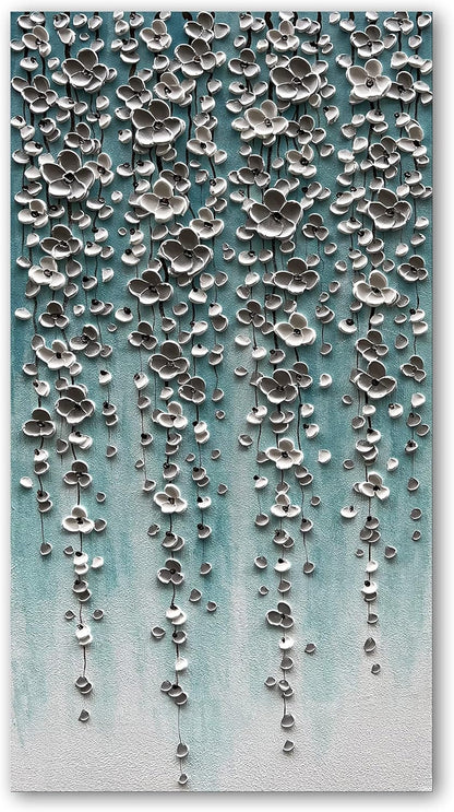 Epicler Large-Scale Oil Painting on Canvas Wall Art,46x23 inches Hand-Painted White Flower Wall Painting, Abstract Canvas Wall Art for Home Wall Decoration