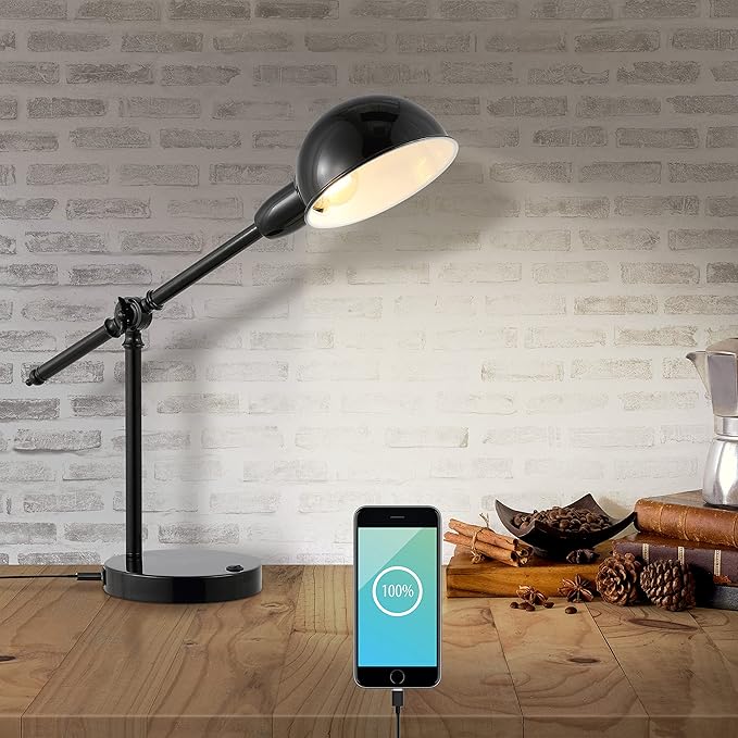 JONATHAN Y 20.25" Black Vintage Industrial Iron Adjustable Task Lamp with USB Charging Port for Office Desk, Metal Yellow Dome Shade, LED Bulb Included JYL7123A