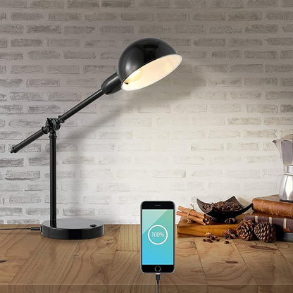 JONATHAN Y 20.25" Black Vintage Industrial Iron Adjustable Task Lamp with USB Charging Port for Office Desk, Metal Yellow Dome Shade, LED Bulb Included JYL7123A