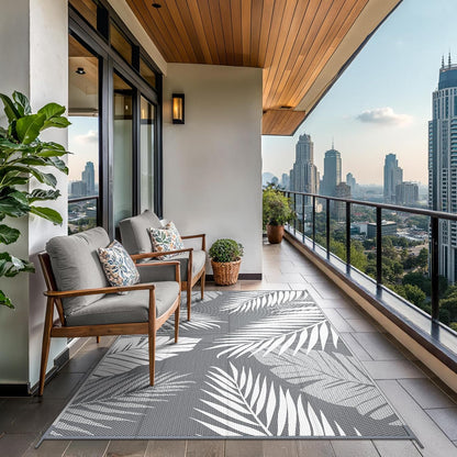 GENIMO Outdoor Rug 8' x 10' Waterproof for Patios Clearance, Reversible Plastic Straw Camping Rug Carpet, Large Area Rugs Mats for RV, Picnic, Backyard, Deck, Balcony, Porch, Beach, Grey&White