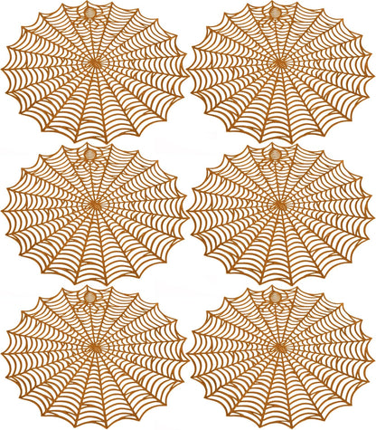 Sfcddtlg 6 Pcs Halloween Spider Web Placemats- 15"" Heat Insulation Halloween Placemats Spider Web Table Mats- Hollow Out Spiderweb Coasters Placemat for Dining Table Halloween Decoration (Brown)