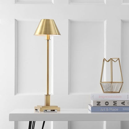 JONATHAN Y 26" Brushed Brass Gold Modern LED Table Lamp for Living Room Bedroom Home Office, Metal Empire Shade, Slim Desk Lamp for Nightstand Buffet, LED Bulb Included (JYL6006B)