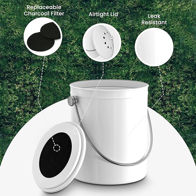 Utopia Kitchen Compost Bin for Kitchen Countertop, 1.3 Gallon Compost Bucket for Kitchen with Lid, Includes 1 Spare Charcoal Filter (White)