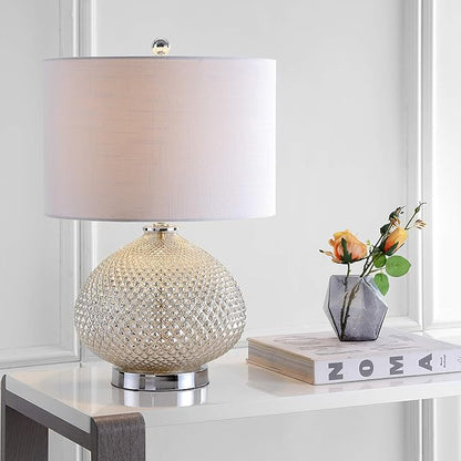 JONATHAN Y 22.5" Mercury Silver Textured Glass Table Lamp, Contemporary Nightstand Lamp for Living Room Bedroom, White Linen Drum Shade, LED Bulb Included JYL1082A