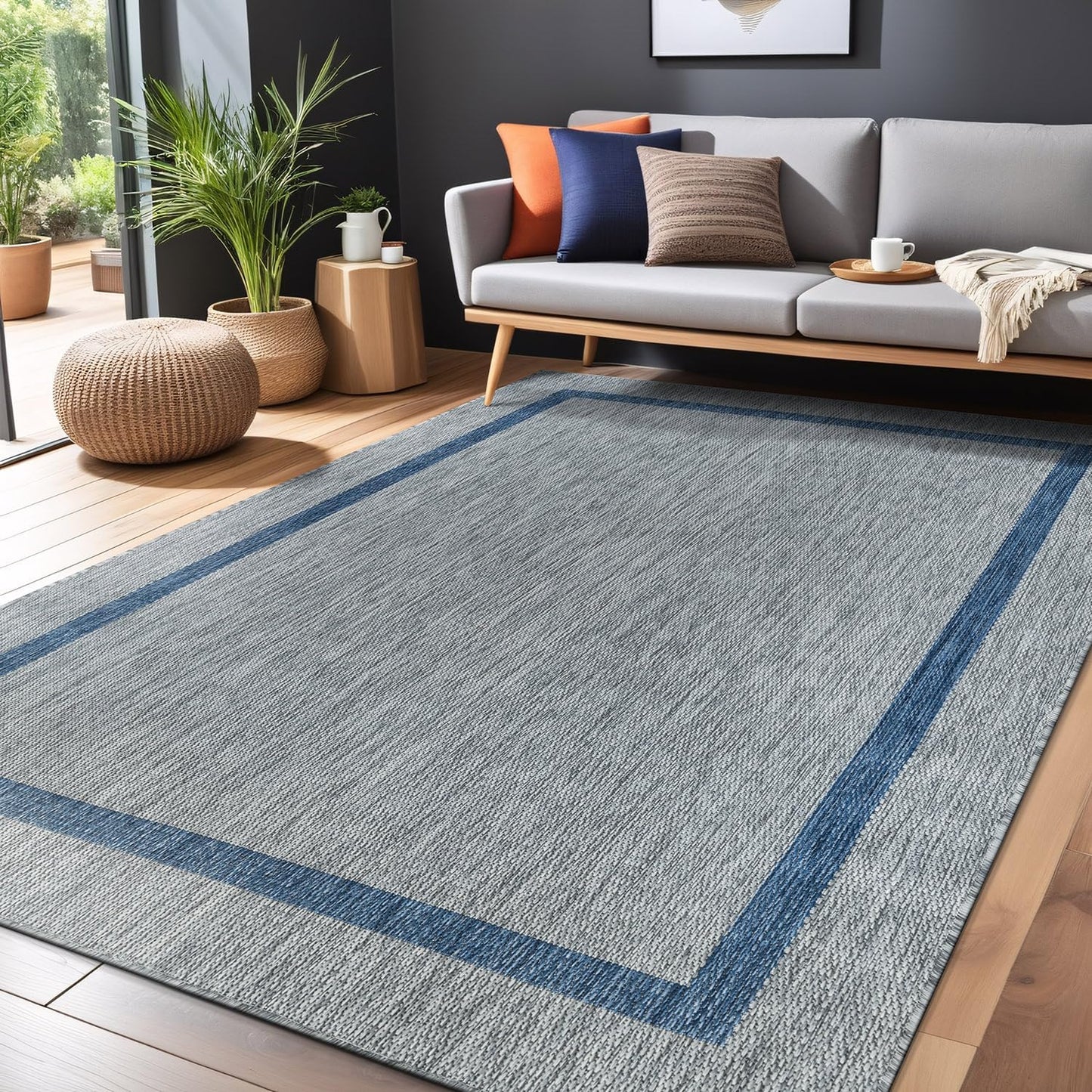 Bordered Outdoor Rug 5x7 Washable Outside Carpet for Indoor Patio Porch Waterproof Easy Cleaning Non Shedding Area Rugs Silver Gray - Blue 5 x 7