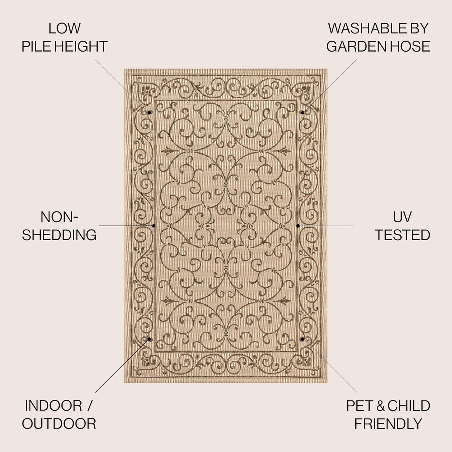 JONATHAN Y Vintage Filigree Indoor Outdoor Area Rug 6X9 Beige/Brown, Charleston Textured Weave for Backyard, Patio, Porch, Easy-Cleaning, High Traffic, Pet-Friendly, Non-Shedding (SMB106A-6)