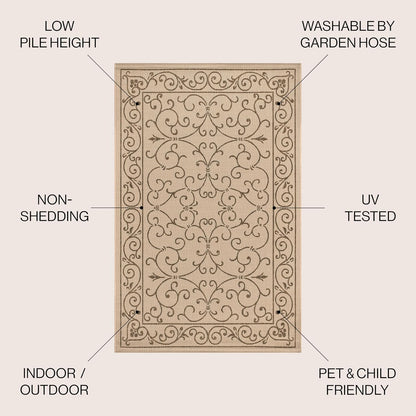 JONATHAN Y Vintage Filigree Indoor Outdoor Area Rug 6X9 Beige/Brown, Charleston Textured Weave for Backyard, Patio, Porch, Easy-Cleaning, High Traffic, Pet-Friendly, Non-Shedding (SMB106A-6)