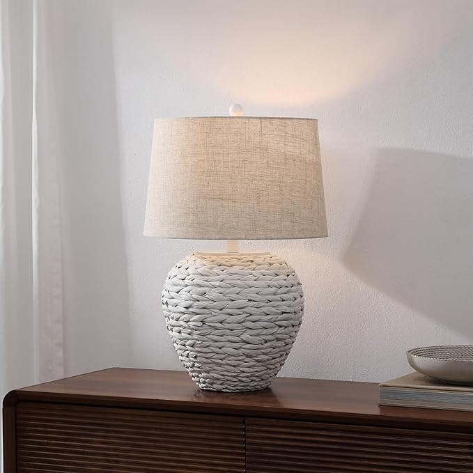 JONATHAN Y 24.5" White Water Hyacinth Farmhouse Basket Table Lamp, Coastal Decor for Living Room Bedroom Nightstand, Light Gray Linen Shade, LED Bulb Included (JYL6501C)