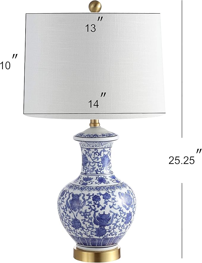 JONATHAN Y 25.25" Blue/White Ceramic Ginger Jar Table Lamp Set of 2, Traditional Brass Gold Base for Living Room Bedroom, White Linen Drum Shade, LED Bulbs Included JYL1072A-SET2