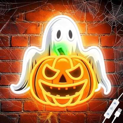 Spooky Glow Halloween Neon Signs for Wall Decor - Ghost & Pumpkin Led Neon Light Up Sign, Glow in Dark Indoor Decor for Porch Window Home Bar Party, Scary Halloween Decorations Gifts for Kids