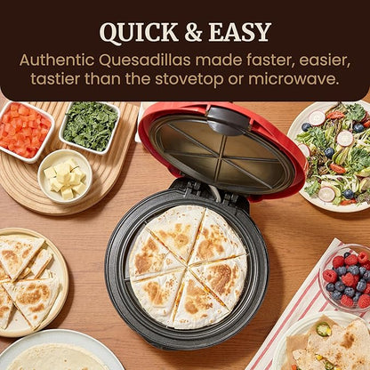 Elite Gourmet 11" Cheesy Quesadilla Maker, 2-Position Locking Latch For Extra Stuffing, Easy-Slice 6-Wedge, Red