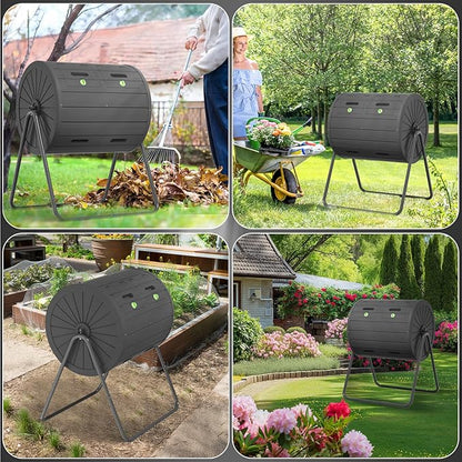 Dual Chamber Tumbling Composter 45 Gallon Large Outdoor Tumbling Composter Efficient Batch Composting Easy Turn Design (Black 45Gal)