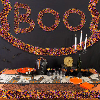 50FT Halloween Decorations Tinsel Garland, Orange Purple Black Shiny Metallic Tinsel Twist Hanging Streamers Garland for Halloween Birthday Home Tree Banister Indoor Outdoor Party Decor Supplies