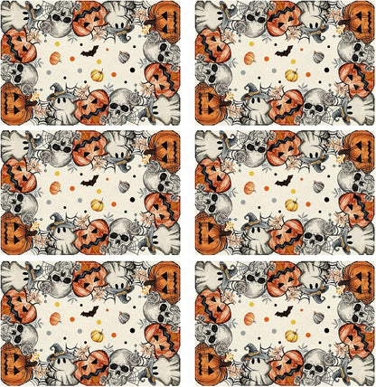 XCHI Spooky Skeleton Ghost Pumpkin Halloween Placemats Set of 6 Table Mats for Party Home Kitchen Dining Table Decorations 12x18 Inch