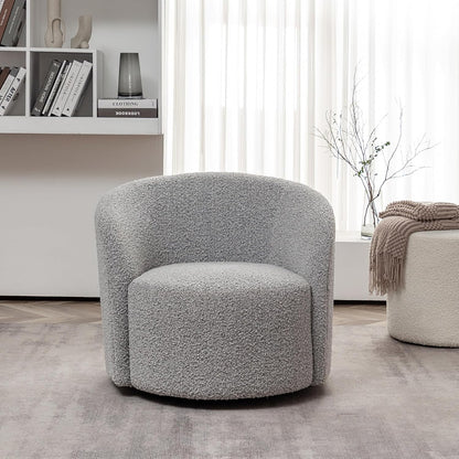 KINWELL 34" W Mid Century Modern Swivel Barrel Chair, Round Upholstered Boucle Swivel Accent Chairs, No Assembly Sofa Chair for Living Room Bedroom Reading Apartment Lounge Nursery(Black White)