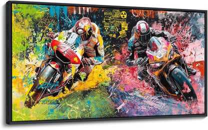 JEAWA Framed Canvas Wall Art - 20x40 In Abstract Painting Decor, Motorcycle Racing Color Graffiti Pictures, Modern Art Prints for Bedroom Living Room Bathroom Home Decoration