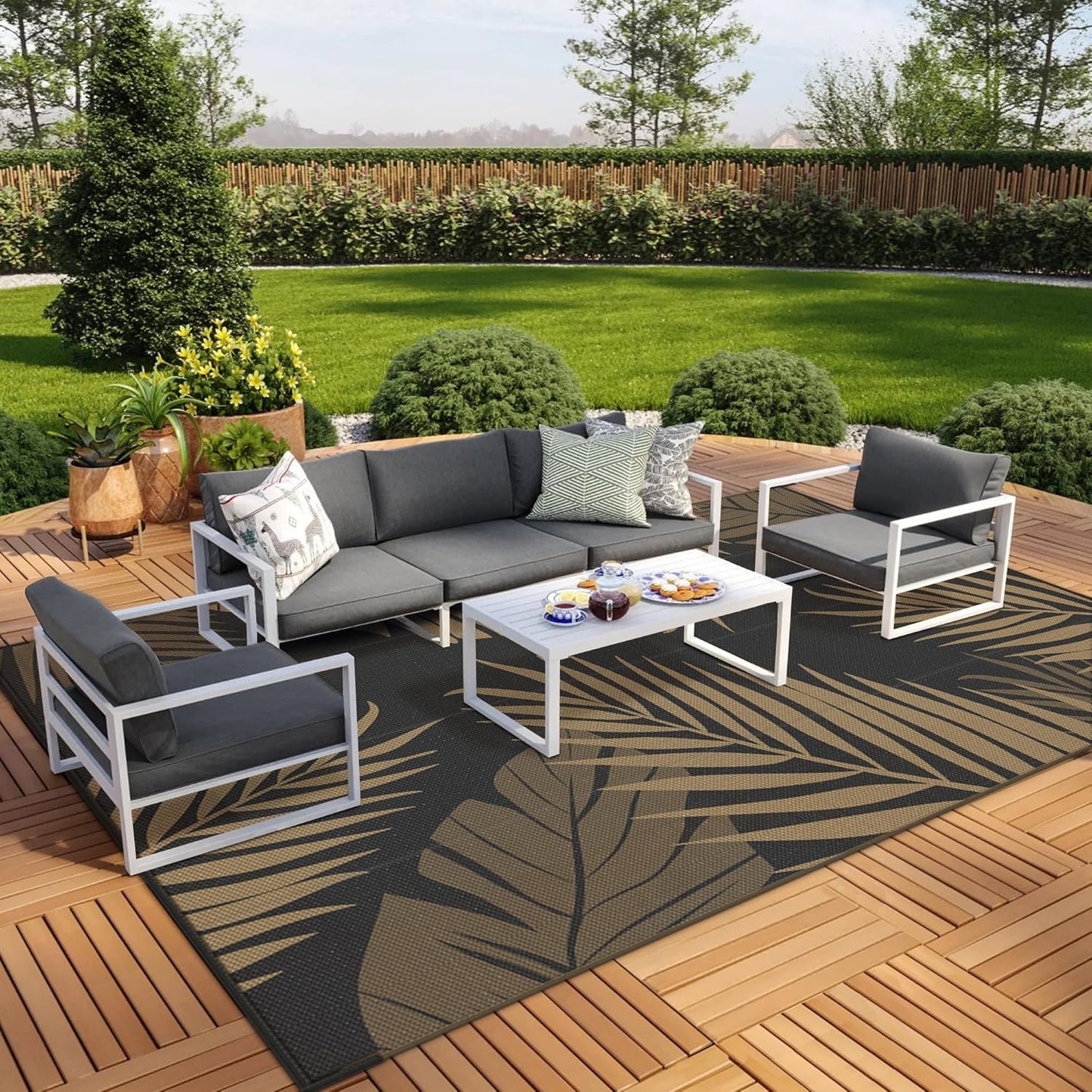 GENIMO Outdoor Rug 10' x 14' Waterproof for Patios Clearance, Reversible Outdoor Plastic Straw Camping Rug Carpet, Large Area Rugs Mats for RV, Camper, Deck, Balcony, Porch, Beach, Picnic, Black&Brown