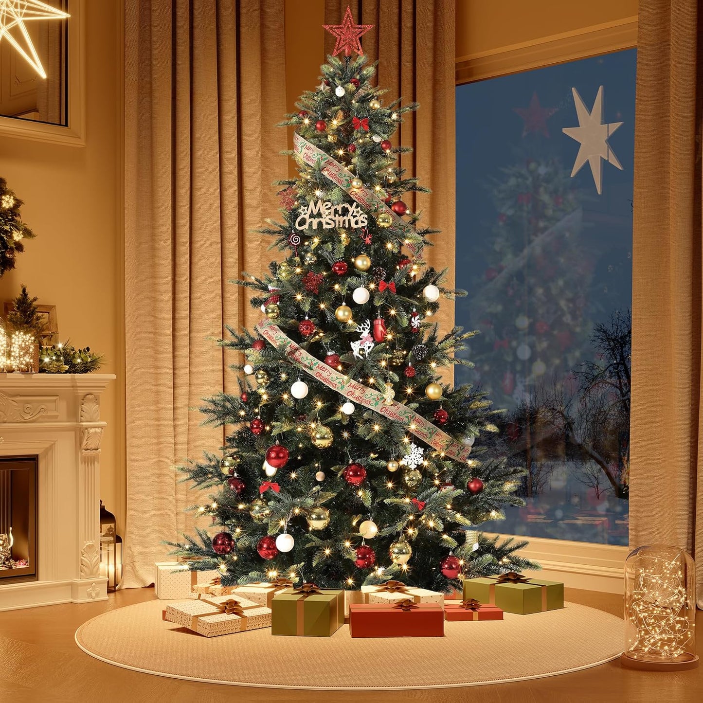 9ft Pre-lit Artificial Christmas Tree,Spruce Prelit Christmas Trees for Home,Office,Party Thickened PE&PVC Branch Tips & UL Listed Lights Incandescent Warm White,Fire-Resistant Automatic Branches