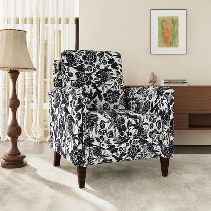 Floral Accent Chair Set of 2, High Back Upholstered Armchair with Solid Wooden Legs, Padded Armrest and Removable Comfortable Cushioned Seat Single Sofa for Living Room, Bedroom, Black