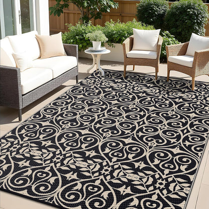 OLANLY Outdoor Rug Waterproof 9x12 ft Clearance, Reversible Outdoor Plastic Straw Rug with Floral Pattern, RV Mat for Patio, Camping, Balcony, Deck, Backyard, Black & Beige