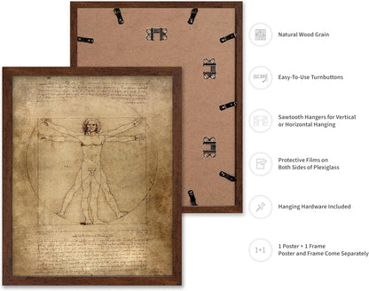 Poster Master Classic Leonardo Da Vinci Poster - Vintage Renaissance Print - Gift for Artist, Friend - Vitruvian Man, Proportion, Symmetry, Human Body - Wall Decor for Office, 11x14 Brown Framed
