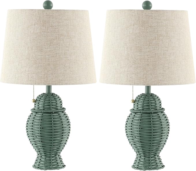 JONATHAN Y 20.5" Green Wicker Table Lamp Set of 2, Bohemian Rustic Farmhouse Bedside Lamps for Living Room, Nightstand Desk Lamps with Beige Linen Shade, LED Bulbs Included (JYL4041C-SET2)