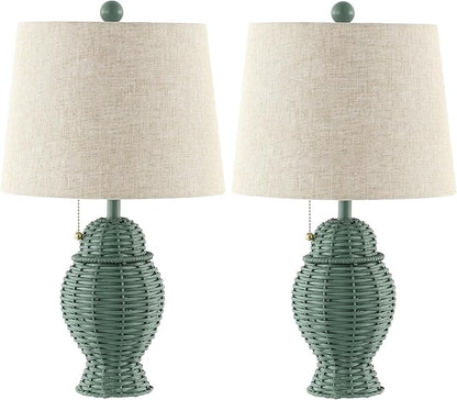 JONATHAN Y 20.5" Green Wicker Table Lamp Set of 2, Bohemian Rustic Farmhouse Bedside Lamps for Living Room, Nightstand Desk Lamps with Beige Linen Shade, LED Bulbs Included (JYL4041C-SET2)