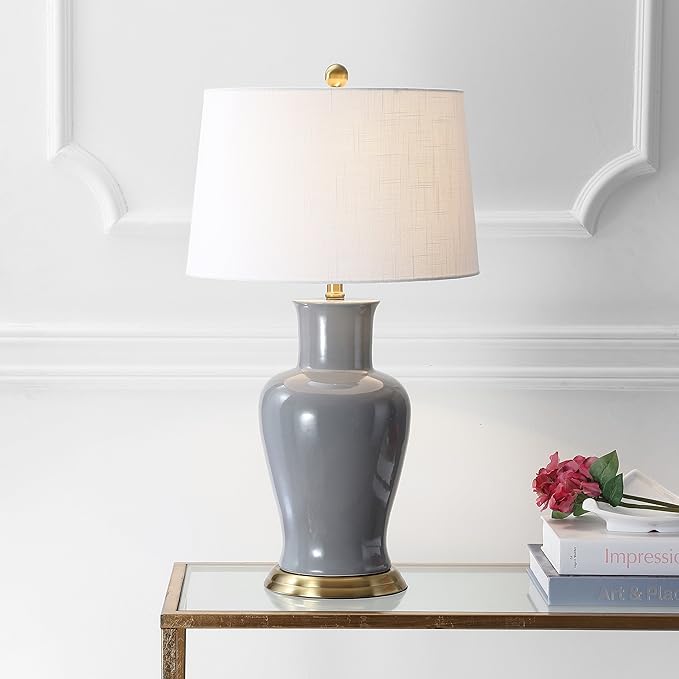 JONATHAN Y 29" Gray Traditional Ceramic Urn LED Table Lamp for Bedroom Decor, White Linen Drum Shade, Classic Nightstand Lamp for Living Room, LED Bulb Included (JYL4026C)