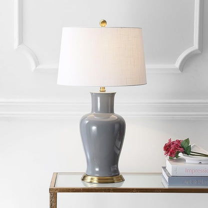 JONATHAN Y 29" Gray Traditional Ceramic Urn LED Table Lamp for Bedroom Decor, White Linen Drum Shade, Classic Nightstand Lamp for Living Room, LED Bulb Included (JYL4026C)