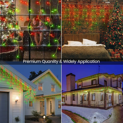 Hopolon 33FT 360L LED Christmas Icicle Lights Outdoor Waterproof,8 Modes Plug in Curtain String Lights with 60 Drops,Christmas Lights for Wedding,Party,Bedroom,Garden,Home,Wall Decorations(Red Green)