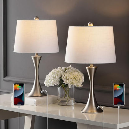 JONATHAN Y 22.75" Nickel Modern Hourglass LED Table Lamp Set of 2 with USB Port, Metal Bedside Lamps for Living Room Bedroom, White Linen Shade (JYL6621B-SET2)