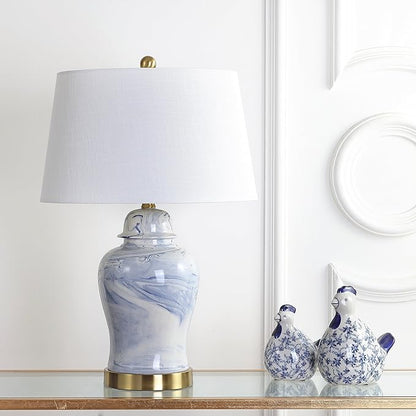 JONATHAN Y 26" Blue and White Marble Ceramic Table Lamp, Traditional Ginger Jar Style with Brass Gold Base, White Linen Drum Shade, LED Bulb Included JYL3010A