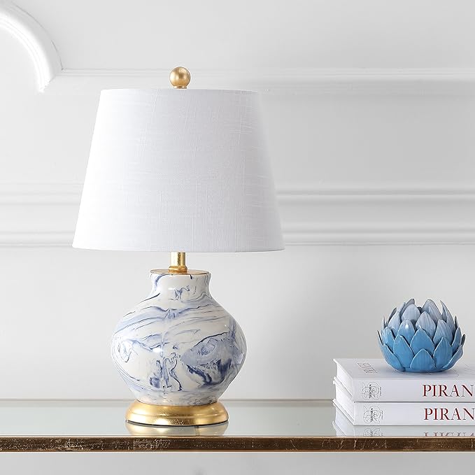 JONATHAN Y 20.5" Blue/White Marbleized Ceramic Table Lamp, Contemporary Traditional Bedside Lamp for Living Room, Gold Accents, White Linen Empire Shade, LED Bulb Included JYL3007A
