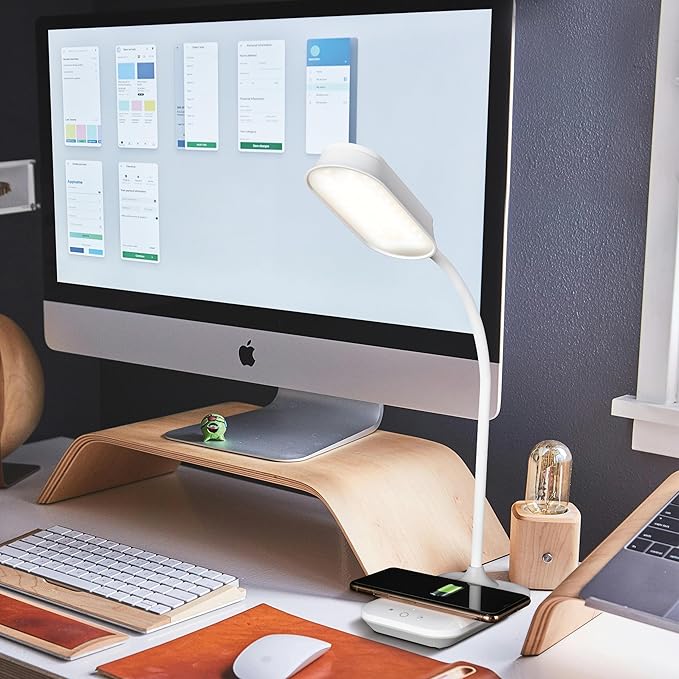 OttLite Achieve LED Sanitizing Desk Lamp Wireless Charging and USB Charging - Touch Activated, Flexible Neck, Modern Light for Reading, Crafting & Office Desktop