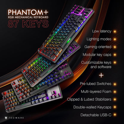 TECWARE Phantom+ 87 Key Mechanical Gaming Keyboard, RGB led, TKL 75% Keyboard, Thocky Sounding, Wraith Red Switch