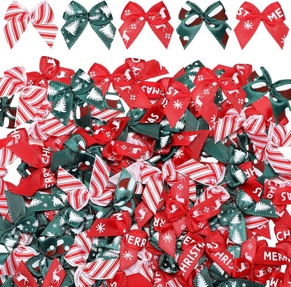 Syhood 150 Pcs Christmas Mini Bow Tiny Twist Tie Bow Handmade Craft Ribbon for DIY Sewing Party Decor(Red and Green,Patterned)
