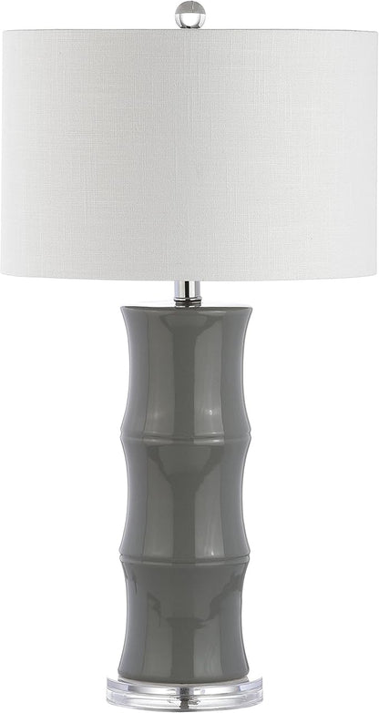 JONATHAN Y 26.5" Gray Ceramic Table Lamp for Living Room, Bedroom Nightstand, White Linen Drum Shade, Bamboo Design Modern Bedside Desk Lamp with LED Bulb Included (JYL3015B)