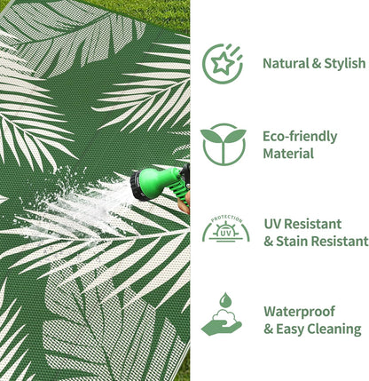 GENIMO Outdoor Rug 8' x 10' Waterproof for Patios Clearance, Reversible Outdoor Plastic Straw Camping Rug Carpet, Large Area Rugs Mats for RV, Picnic, Backyard, Deck, Balcony, Porch, Dark Green&White