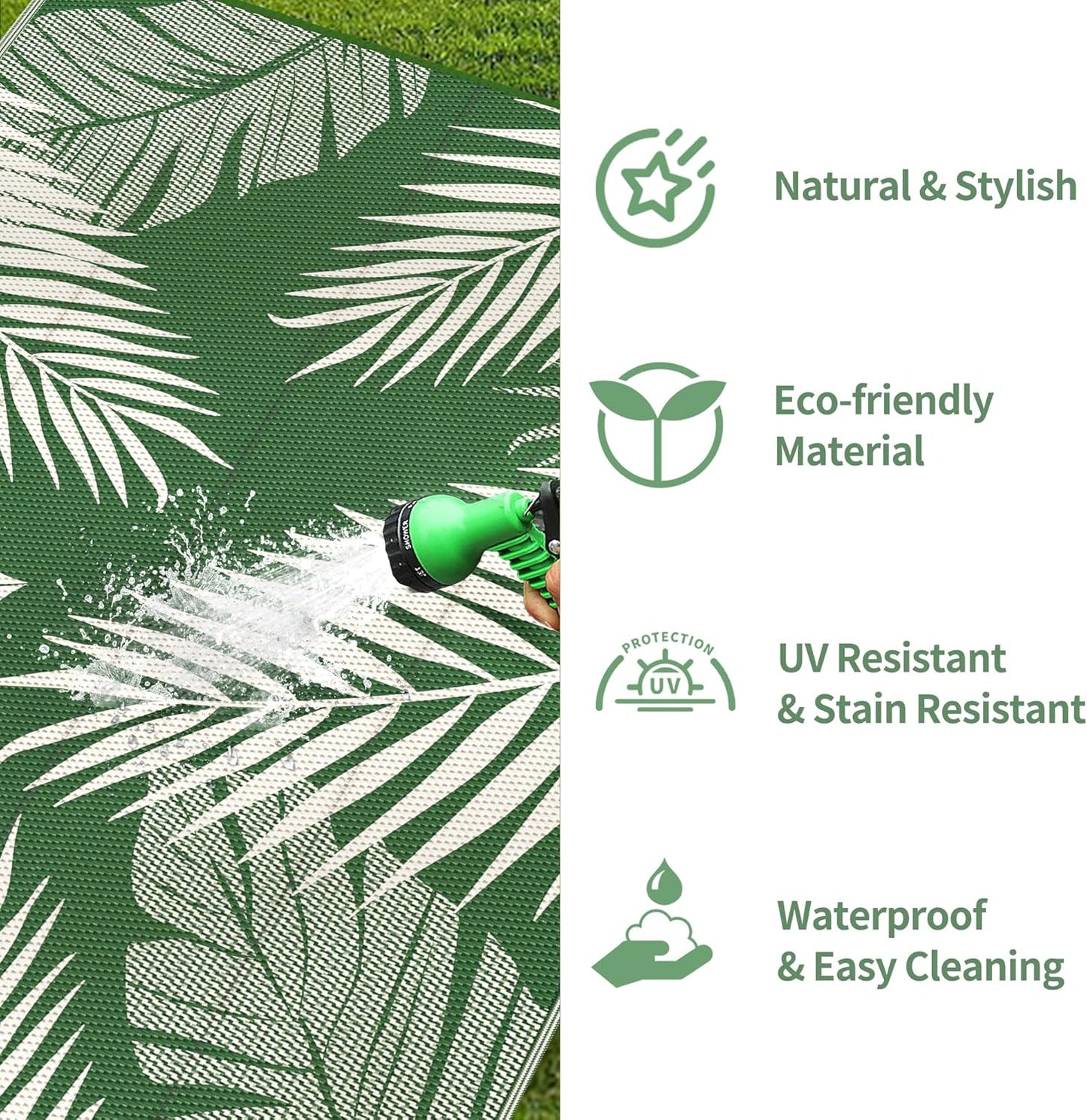 GENIMO Outdoor Rug 5' x 8' Waterproof for Patios Clearance, Reversible Plastic Straw Camping Rug Carpet, Large Area Rugs Mats for RV, Picnic, Backyard, Deck, Balcony, Porch, Dark Green&White