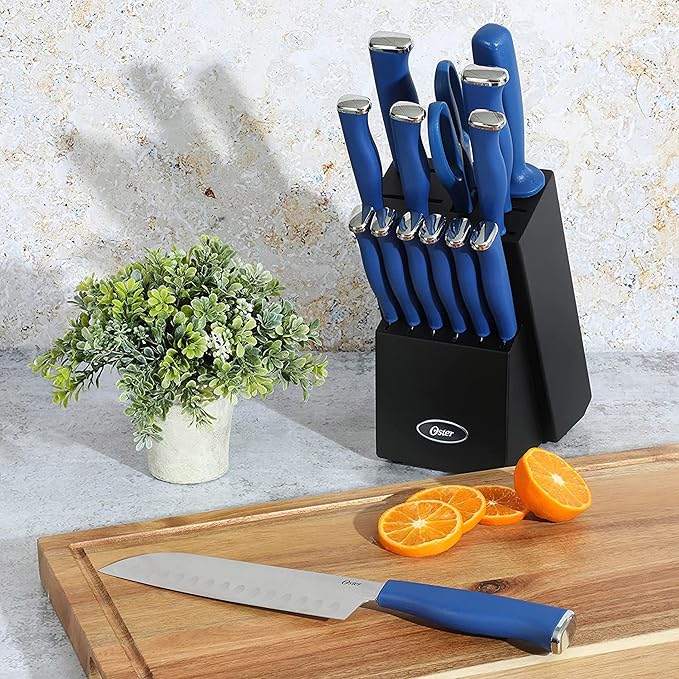 Oster Langmore 15-Piece Stainless Steel Cutlery Knife Block Set with Classic Blue Handles – Full Kitchen Knife Set in Black Storage Box