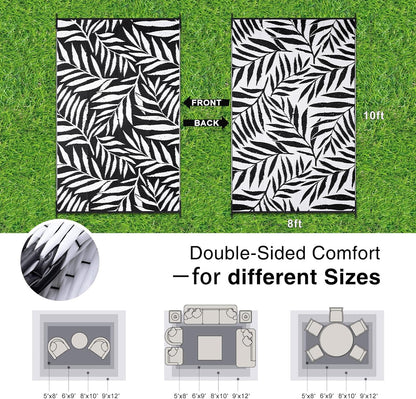 OLANLY Waterproof Outdoor Rug 8x10 ft, Reversible Outdoor Plastic Straw Rug with Leaf Pattern, RV Mat, Indoor Outdoor Carpet for Patio, Camping, Balcony, Deck, Backyard, Black & White