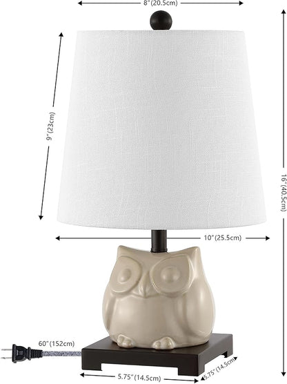 JONATHAN Y 16" Antique White Ceramic Owl Mini Table Lamp for Bedroom or Office, Modern Farmhouse Nightstand Lamp with White Linen Shade, LED Bulb Included (JYL3014B)